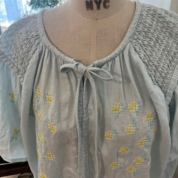 INNIKA CHOO  Embroidered Linen Smock Blouse  in Sea Mist One Size - Picture 12 of 16